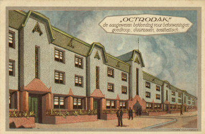 603220 Afbeelding van een rij betonwoningen die bekleed zijn met Octrodak, een product van de N.V. Utrechtsche ...